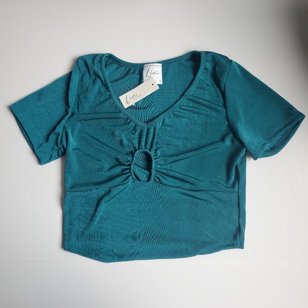 Slinky Crop Top Teal Green Ribbed Keyhole Cutout Neckline Athleisure Coquette